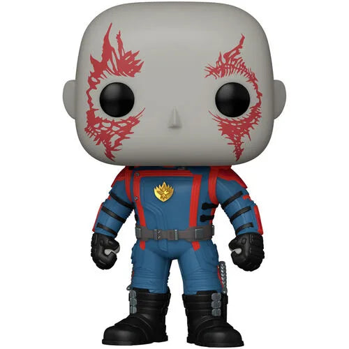 Drax Funko Pop vinyl figure, gray head, red markings, blue suit with gold badge