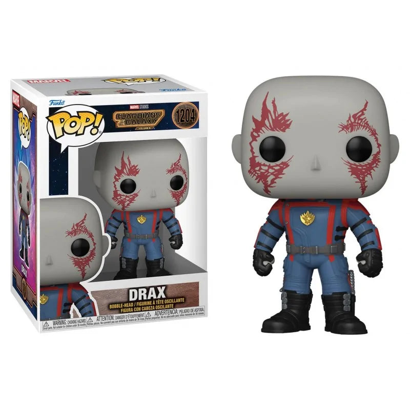 Drax Funko Pop vinyl figure with box, gray head, red face markings, blue suit