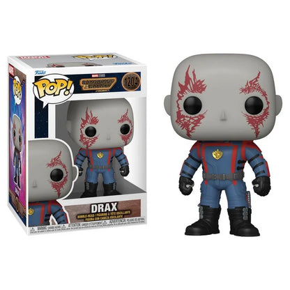 Drax Funko Pop vinyl figure with box, gray head, red face markings, blue suit
