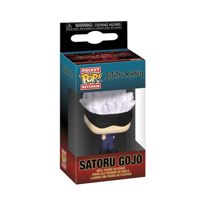 Satoru Gojo Pop! Keychain retail box with warning label and clear window showing figure