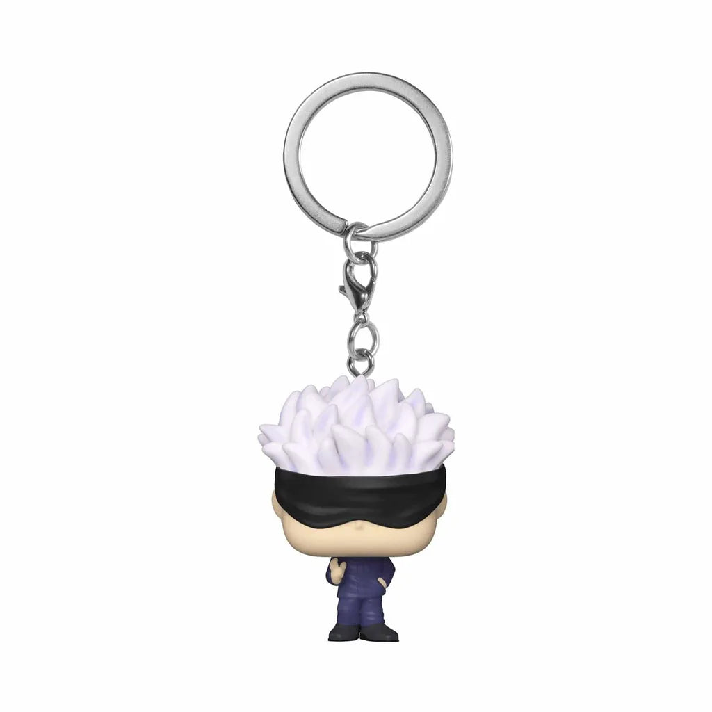 Keychain figure of Satoru Gojo with white spiky hair and black headband, hanging charm