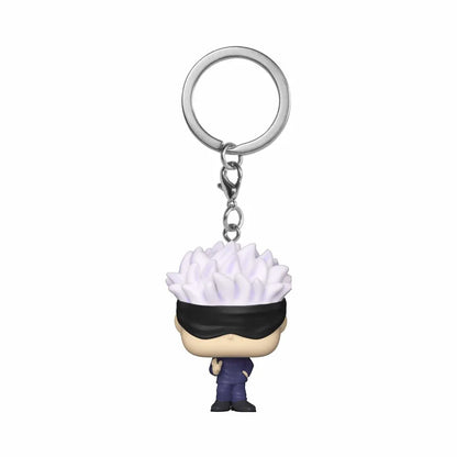 Keychain figure of Satoru Gojo with white spiky hair and black headband, hanging charm