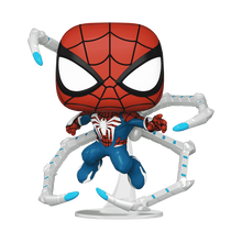 Spider-Man Funko Pop figure with red web mask and blue suit holding mechanical arm