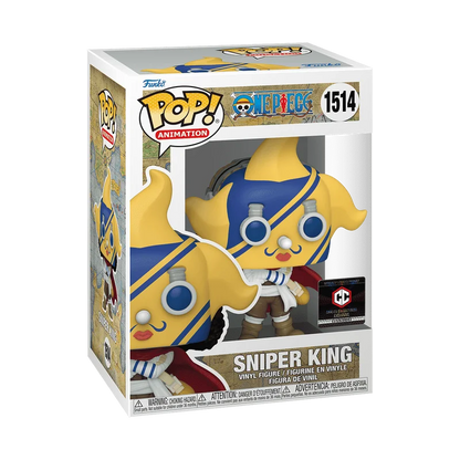 Sniper King Pop figure in window box, yellow hood and blue outfit with red cape
