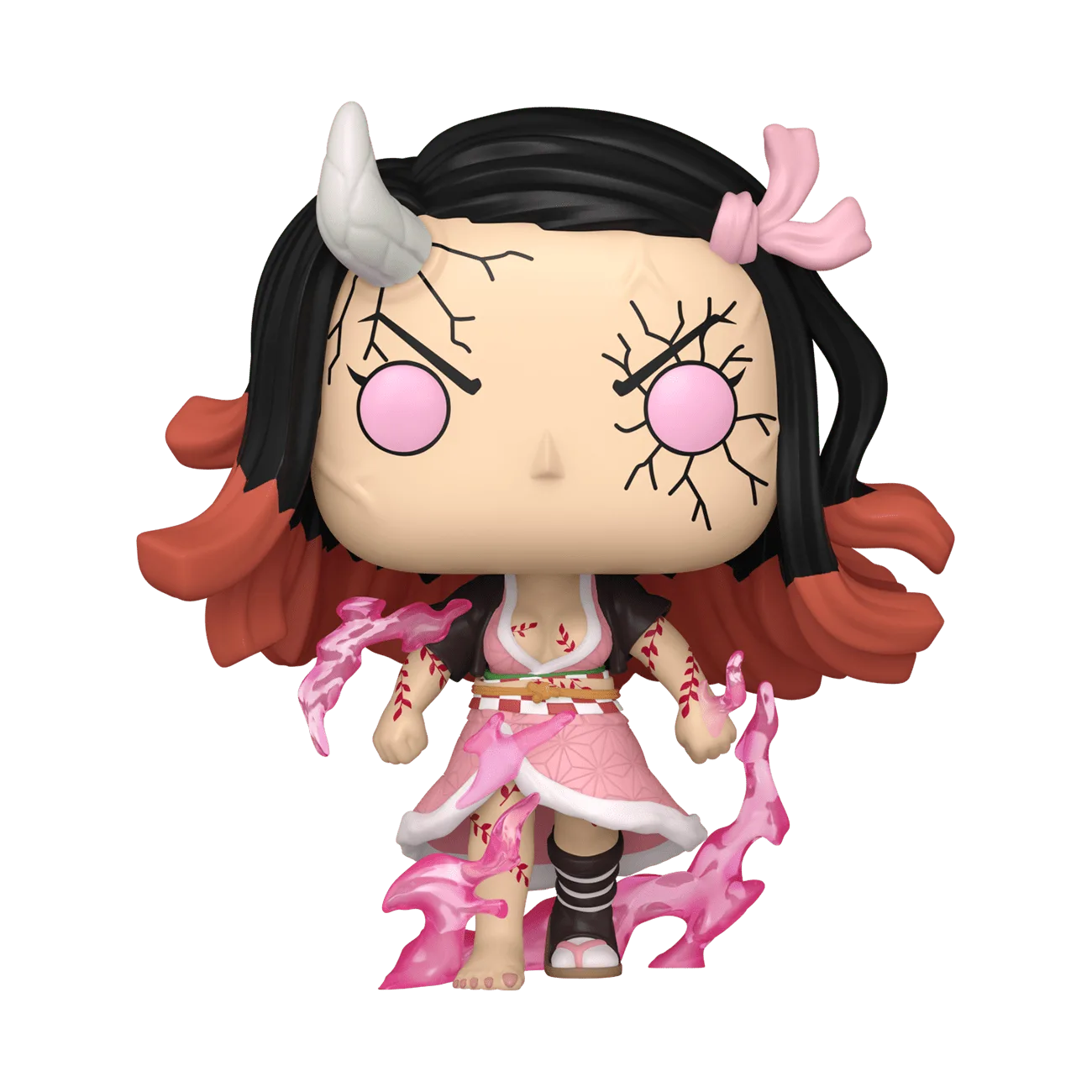 Chibi anime action figure of Nezuko Kamado with black hair, pink bows, and flames