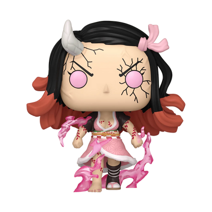Chibi anime action figure of Nezuko Kamado with black hair, pink bows, and flames
