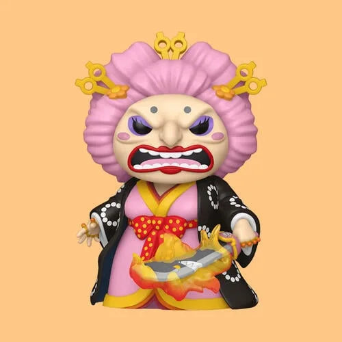 Standing character figure with pink curly hair, black polka-dot kimono and red sash, hands posed