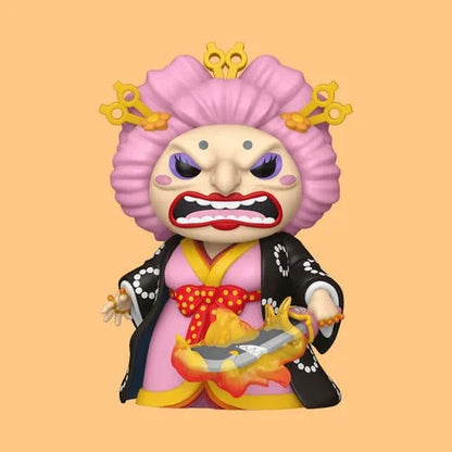 Standing character figure with pink curly hair, black polka-dot kimono and red sash, hands posed