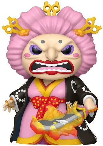 Collectible character figure in pink wig and black kimono with gold trim, holding orange flames
