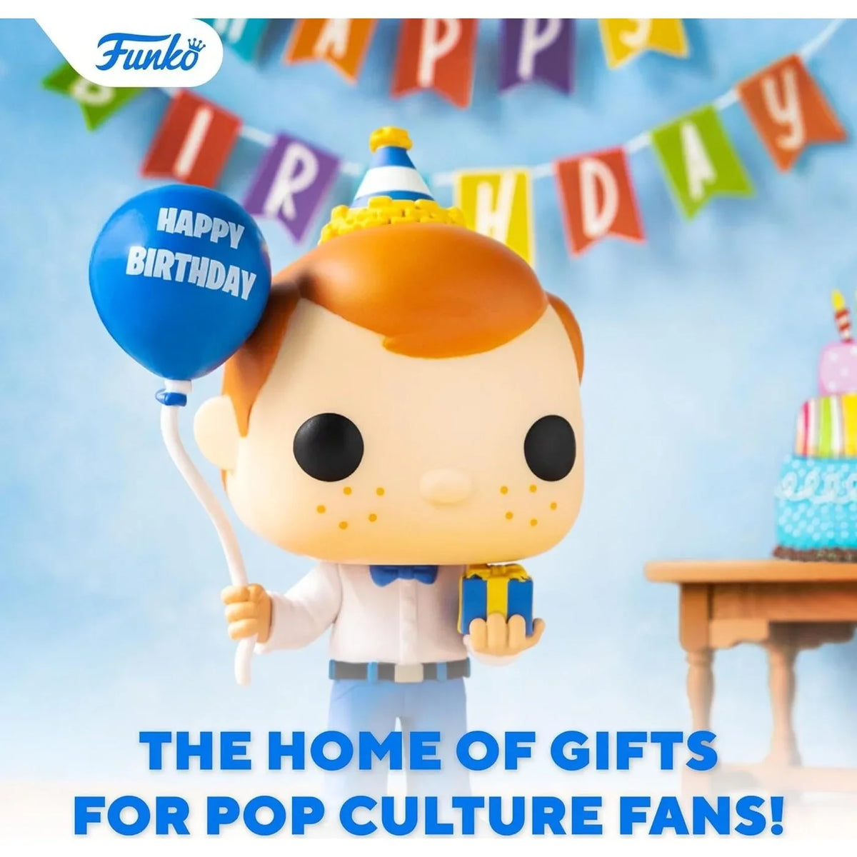 Funko Pop! vinyl figure kid holding a birthday balloon, white outfit and blue necktie