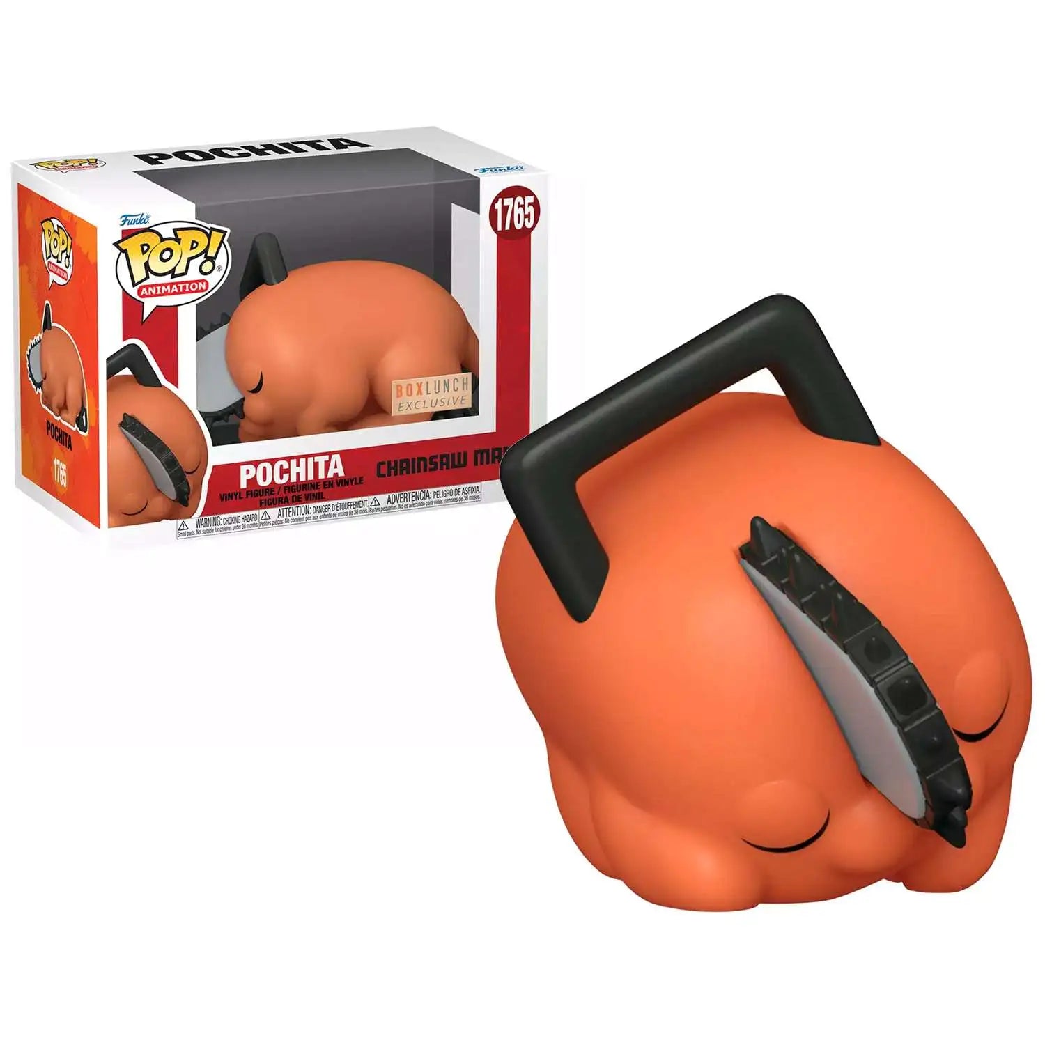 Sleeping Pochita vinyl figure, orange with closed eyes and attached chainsaw blade
