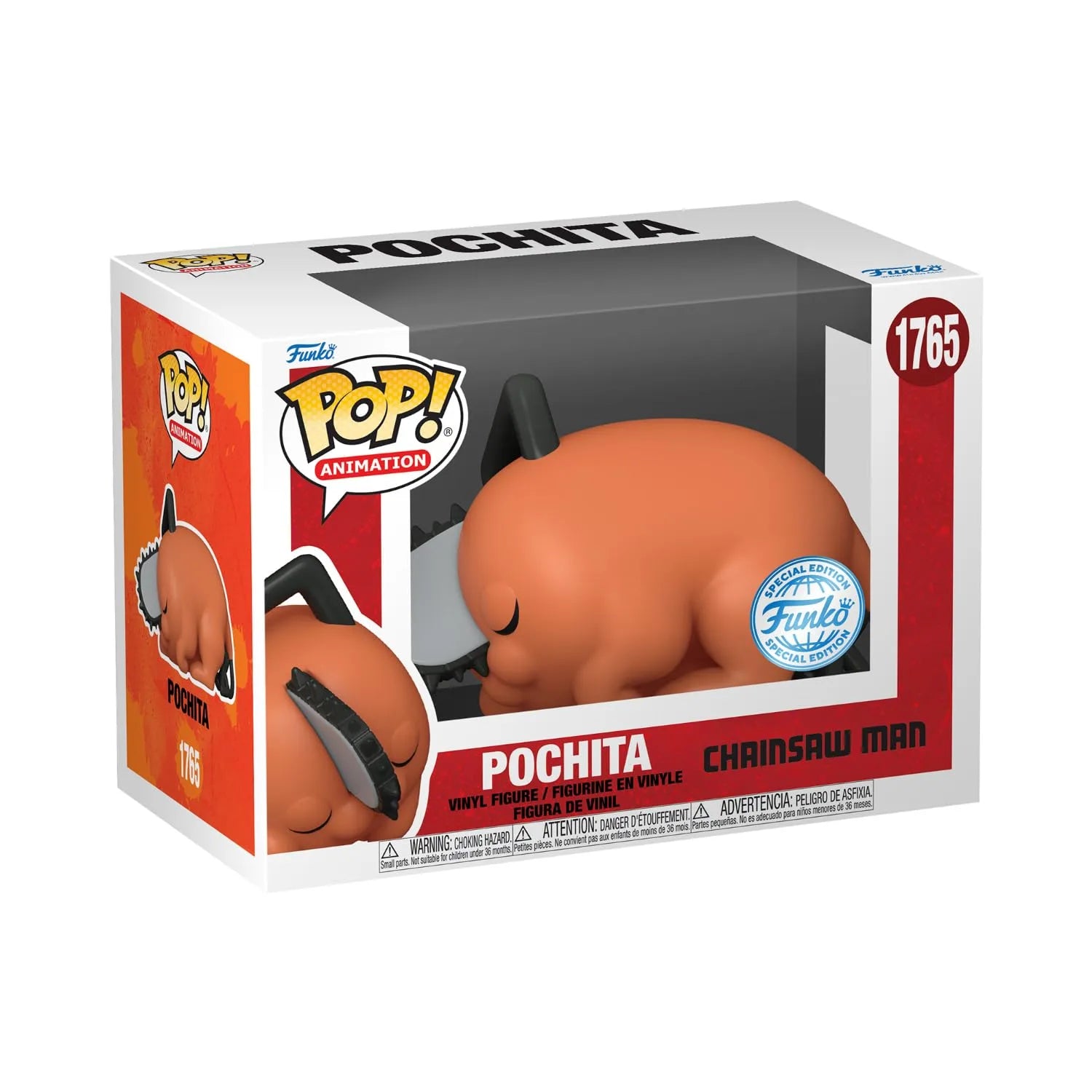 Sleeping Pochita vinyl figure in box, orange character with chainsaw blade, Funko Pop