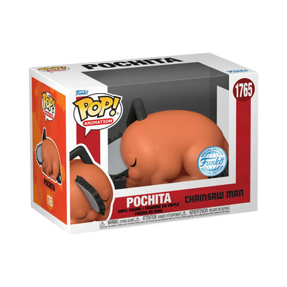 Sleeping Pochita vinyl figure in box, orange character with chainsaw blade, Funko Pop