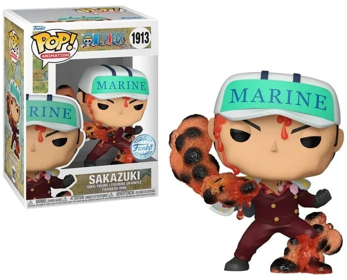 Collectible vinyl figure in maroon coat with teal MARINE cap, shown with retail box