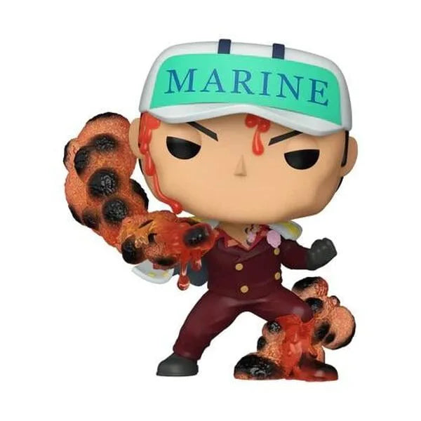 Collectible vinyl figure in maroon coat with teal MARINE cap, with orange fire effects