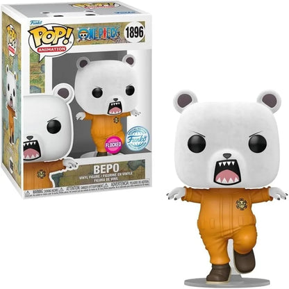 Bepo vinyl pop figure in white bear mask, orange overalls and brown shoes