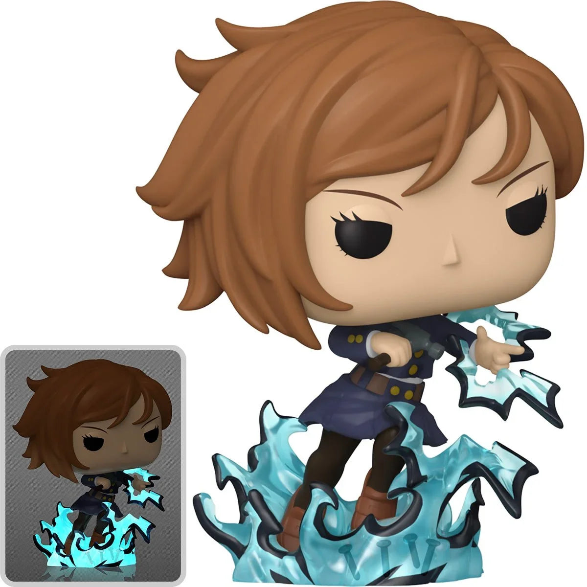 Chibi anime action figure with brown hair, dark outfit, and blue glowing flame effects