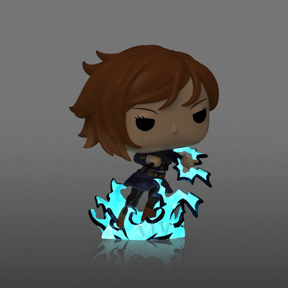 Chibi anime action figure in dark outfit with brown hair, posing with blue glowing effects