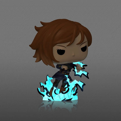 Chibi anime action figure in dark outfit with brown hair, posing with blue glowing effects