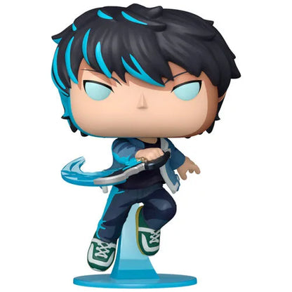 Sung Jinwoo chibi figurine with black and blue hair, dark suit, blue display base