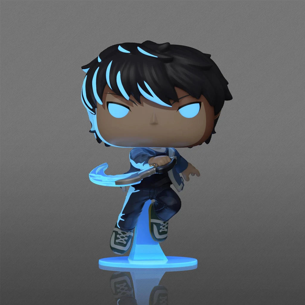 Chibi warrior figurine with black and blue hair, dark outfit, blue display base, side view