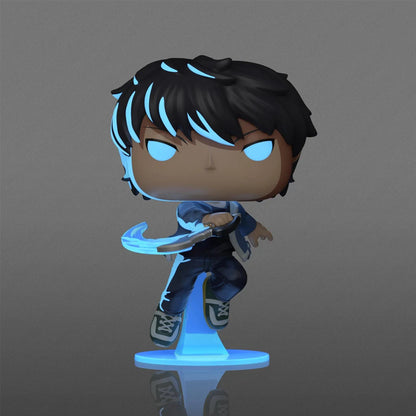 Chibi warrior figurine with black and blue hair, dark outfit, blue display base, side view