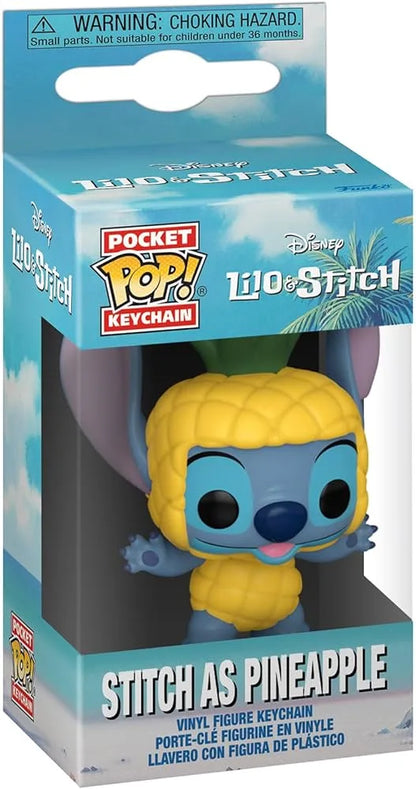 Boxed pocket keychain showing Stitch as pineapple plush, yellow hood with green leaves