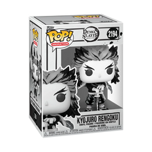 Funko Pop vinyl figure in box, Kyojuro Rengoku character with black-and-white outfit