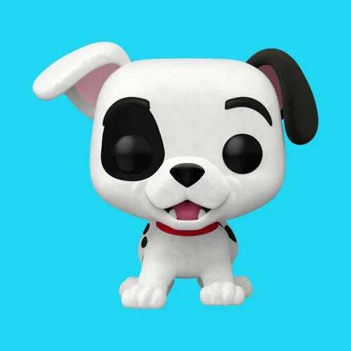Flocked white puppy figurine with black ears, red collar, and open mouth pose.