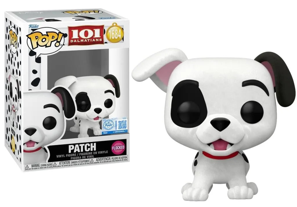 Flocked white puppy figurine with black ears, red collar, and tongue-out smile.