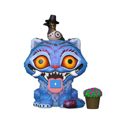 Glow vinyl figure of blue monster with orange eyes, black hat, and small flower accessory