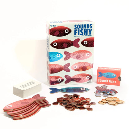 Sounds Fishy board game set with box, fish pieces, cards, and tokens