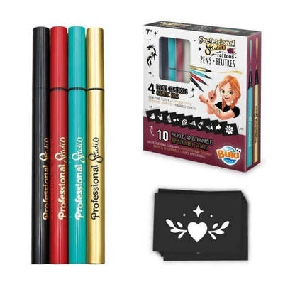 Gold tattoo pens kit with four colored tattoo markers: black, red, teal, gold