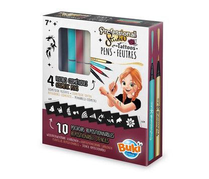 Gold tattoo pens kit box with window showing four pens: black, red, teal, gold