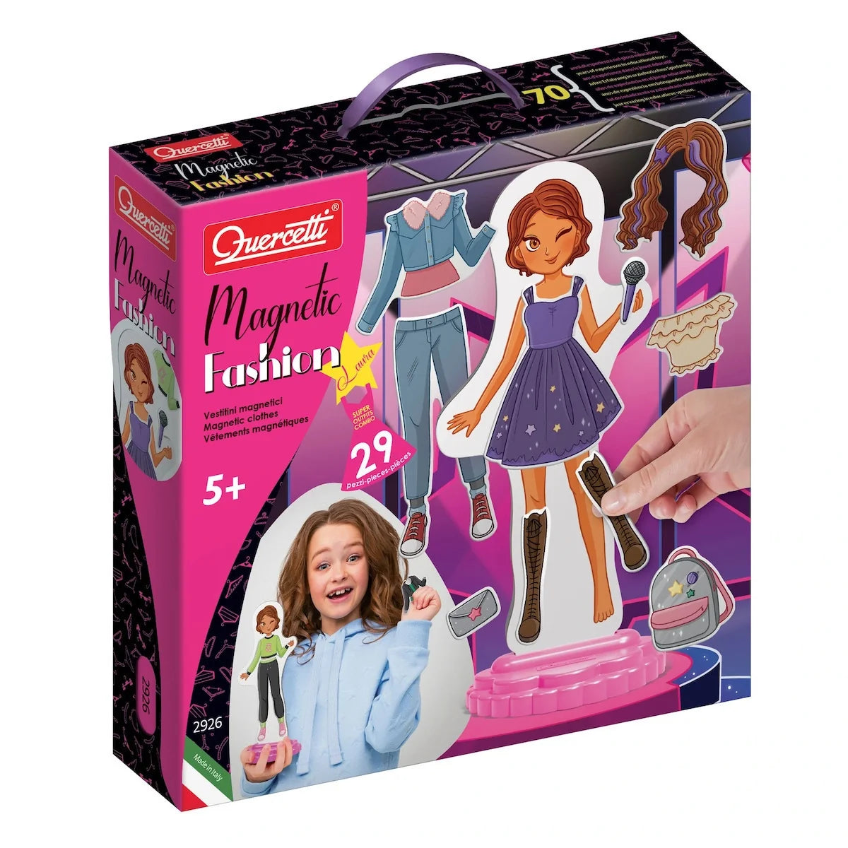 Magnetic dress-up fashion set in retail box with girl doll and dress figures