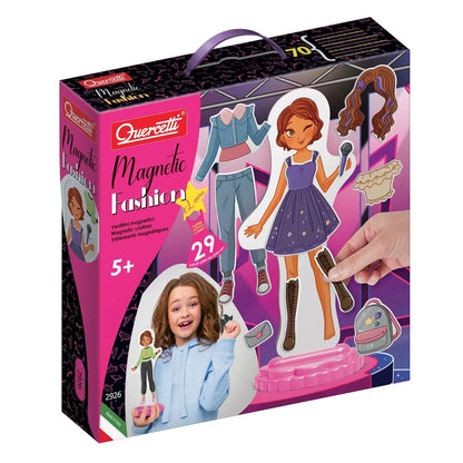 Magnetic dress-up fashion set in retail box with girl doll and dress figures