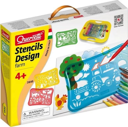 Quercetti stencil design farm set box, 4+ stencils and colorful drawing tools