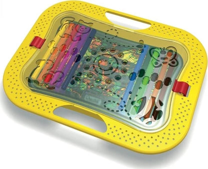 Quercetti stencil set in yellow tray with farm stencils and colored drawing tools