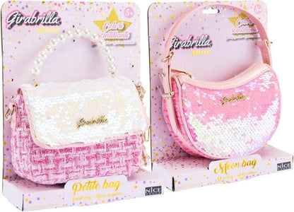 Small pink sequin handbag with pearl strap and gold-tone clasp