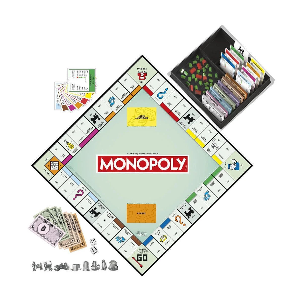 Classic board game board with tokens, money, and cards, viewed from above