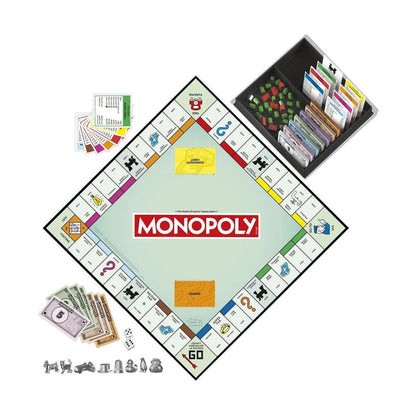Classic board game board with tokens, money, and cards, viewed from above