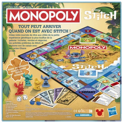Monopoly Stitch Edition game box showing board, cards, and Monopoly and Stitch logos