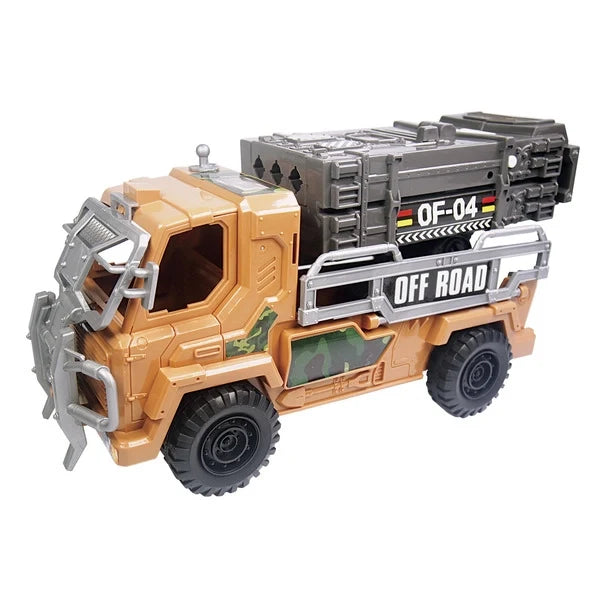 Orange toy off-road military truck with gray mounted accessories