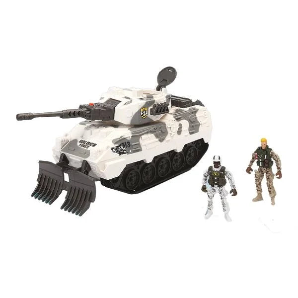 White military tank with cannon and two soldier figures