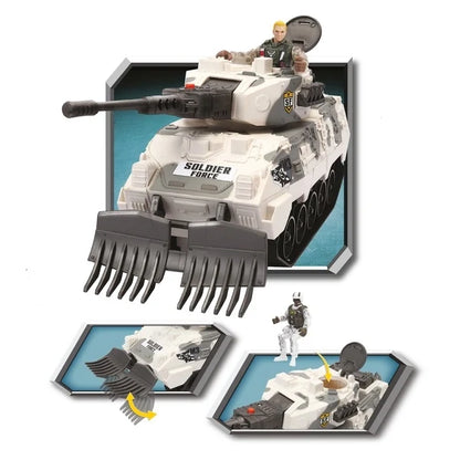 Military tank playset with two soldier figures and flip-open base
