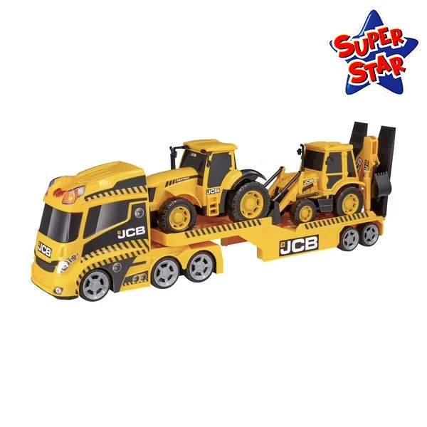 Toy JCB construction vehicle set with yellow backhoe loader and front scoop truck