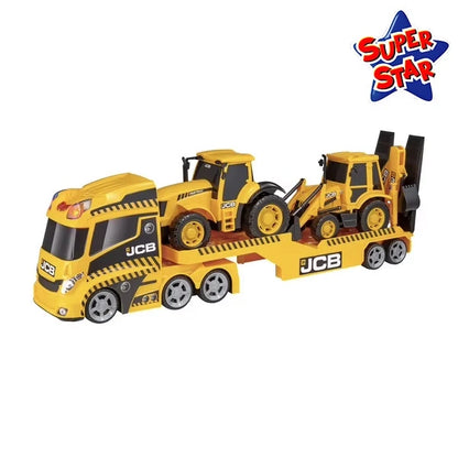 Toy JCB construction vehicle set with yellow backhoe loader and front scoop truck