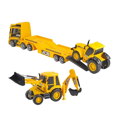 Toy JCB yellow construction vehicles: loader truck, excavator, and front loader bucket