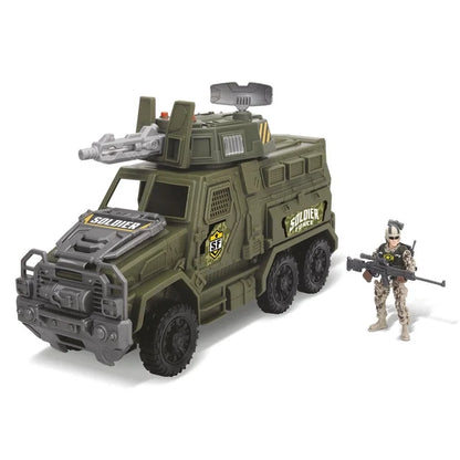 Olive green toy military truck with armored cab and soldier action figure with rifle