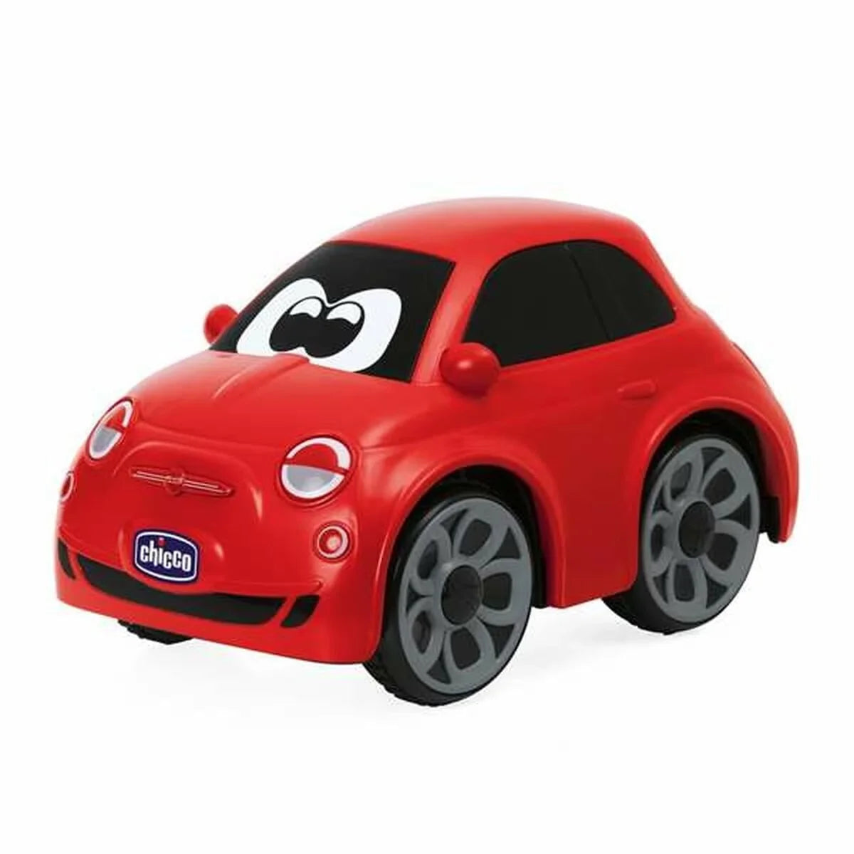 Red remote-control Fiat 500 toy car with black accents and large wheels